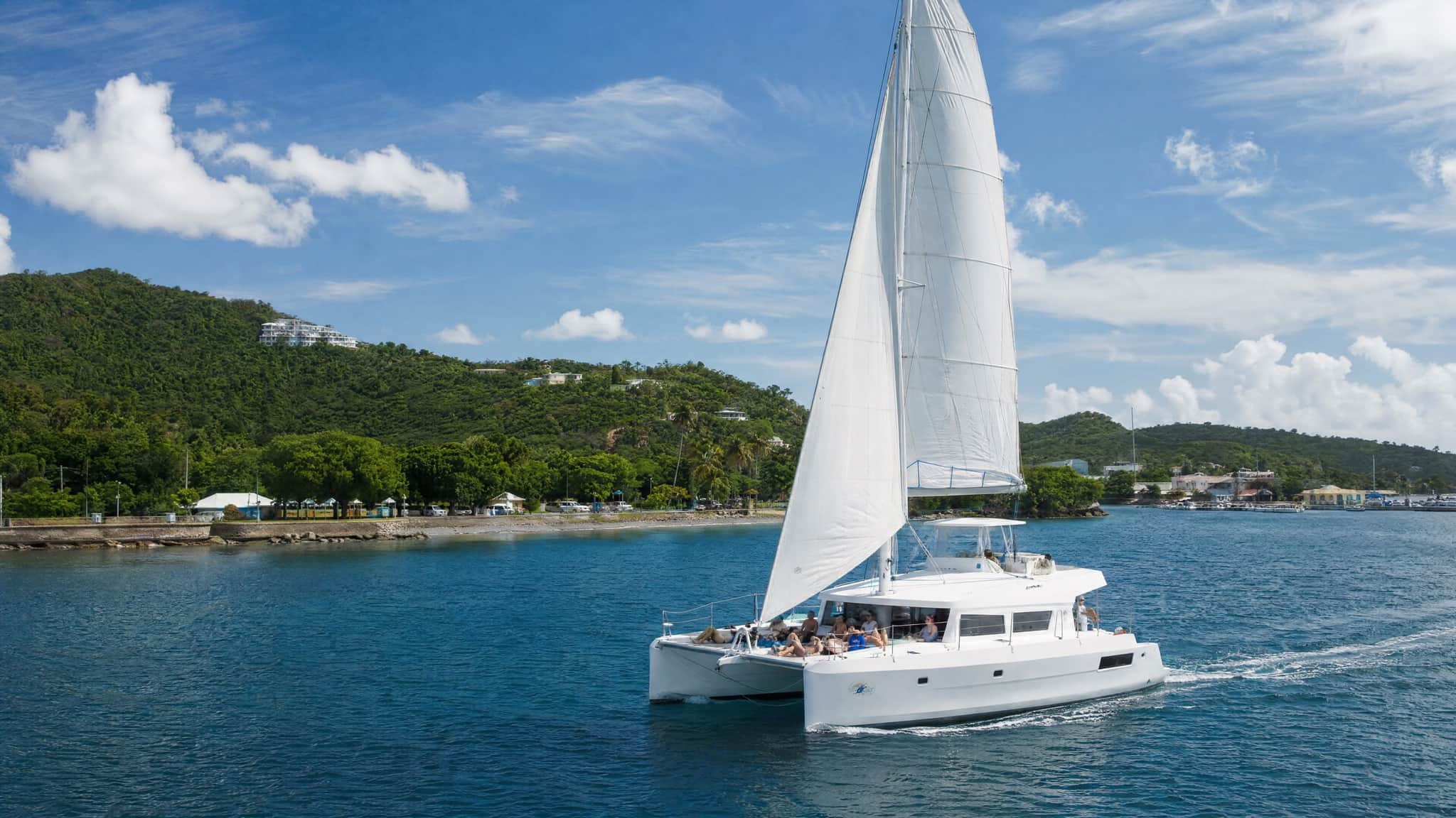 A catamaran anchored in clear turquoise water off Culebra, Puerto Rico
