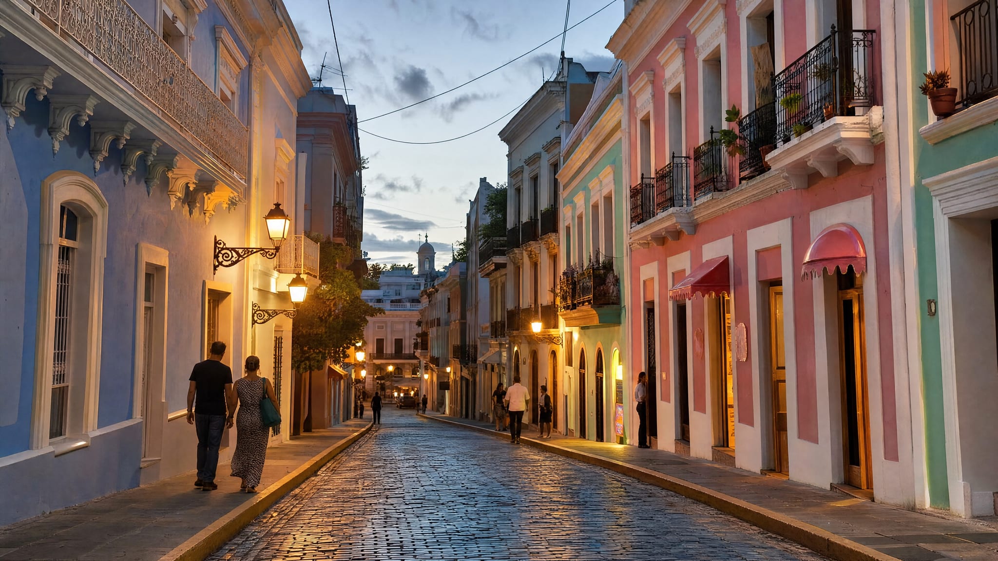 A well-lit street in Condado, Puerto Rico in the evening