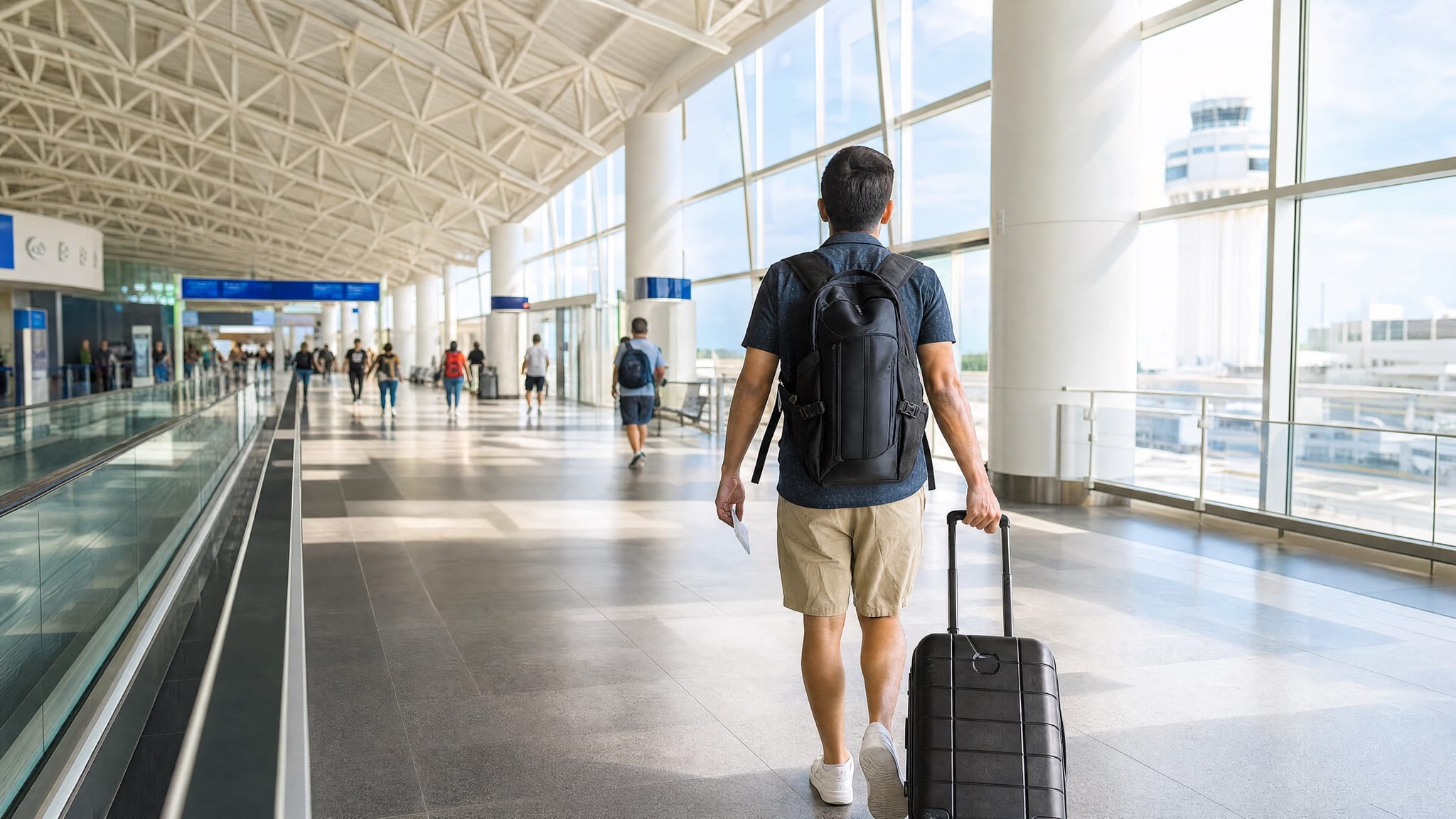 A traveler with a passport and boarding pass at an airport gate, heading to Puerto Rico